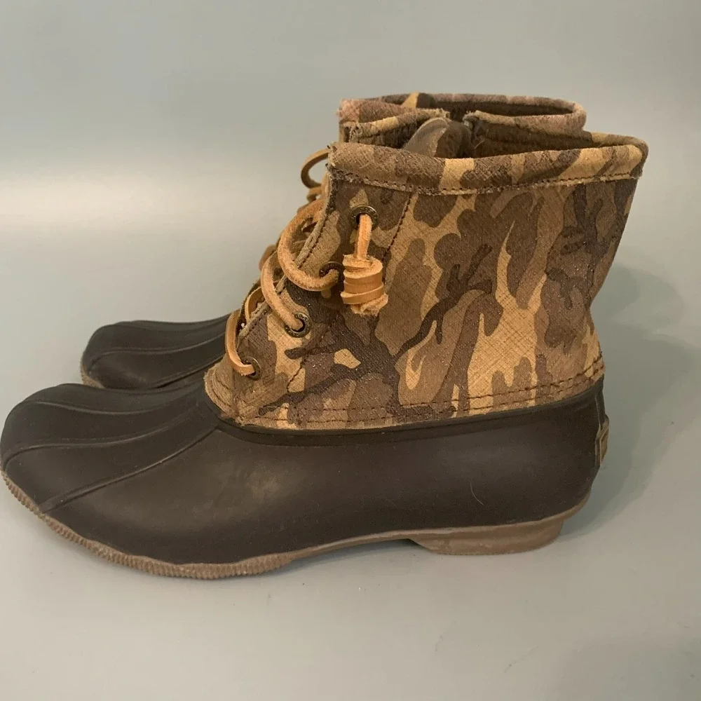 Sperry Top-Sider Saltwater Duck Boots Womens Brown Camo Waterproof Rain Boots